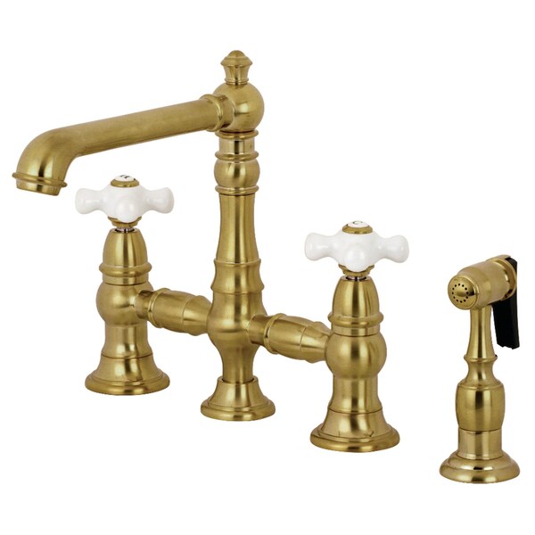 KS7277PXBS English Country 8" Bridge Kitchen Faucet W/ Sprayer, Brass